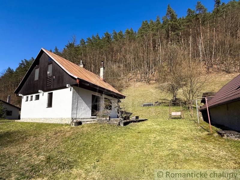 Eine Hütte in Moštenica, umgeben von einer Wiese und einem Wald im Hintergrund.