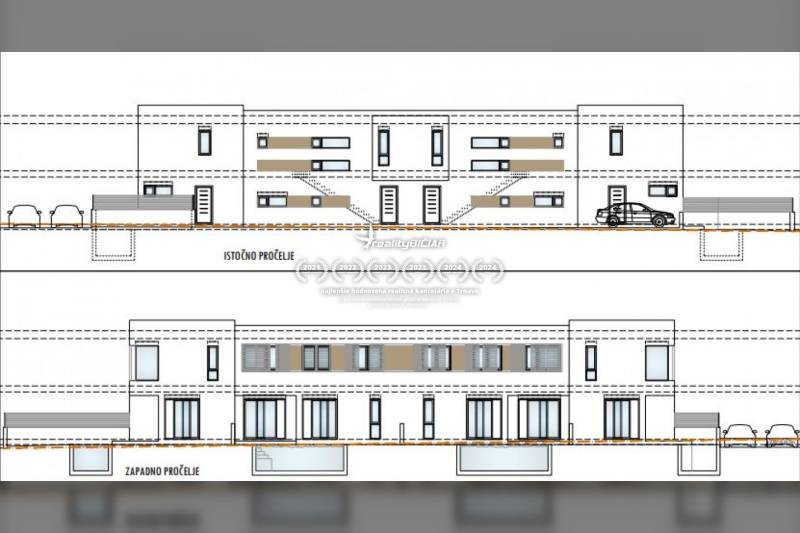 Grundriss eines zweistöckigen Einfamilienhauses mit Garage und modernen Fassadenelementen.