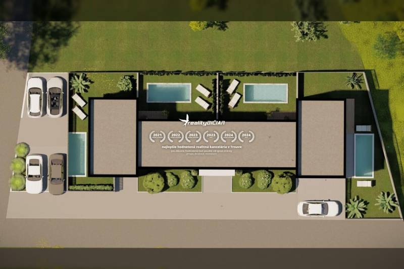Ein Einfamilienhaus in Nin mit einem Pool und parkenden Autos auf der Straße in Nin.
