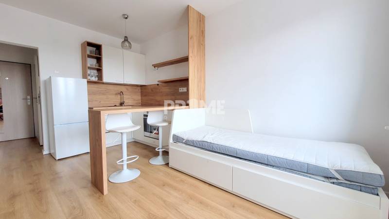 Einzimmerwohnung mit Holzboden, Kochnische, Kühlschrank und Bett.