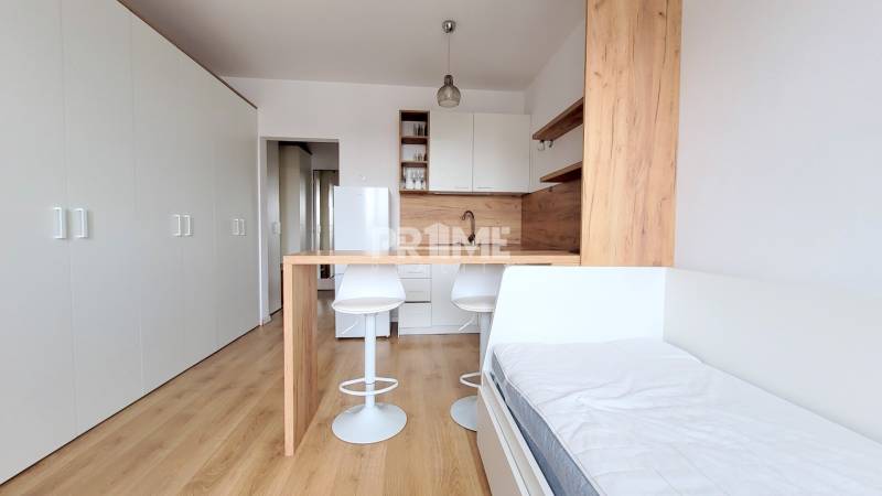 Einzimmerwohnung mit Küche, Bett und Stauraum, Boden mit Holzdekor.