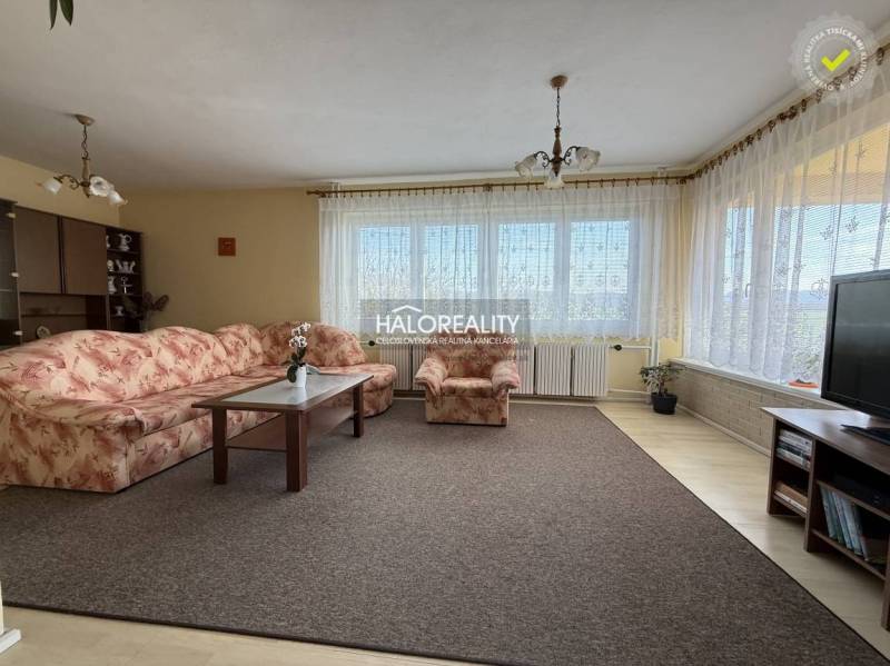 Wohnzimmer mit Teppich, geblümtem Sofa und Holzboden in einem Einfamilienhaus.