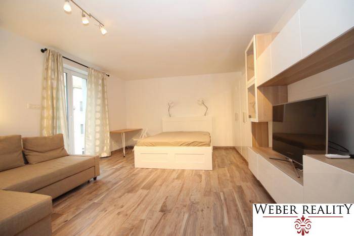 Wohnbereich in einer Einzimmerwohnung mit Bett und Boden in Holzoptik.