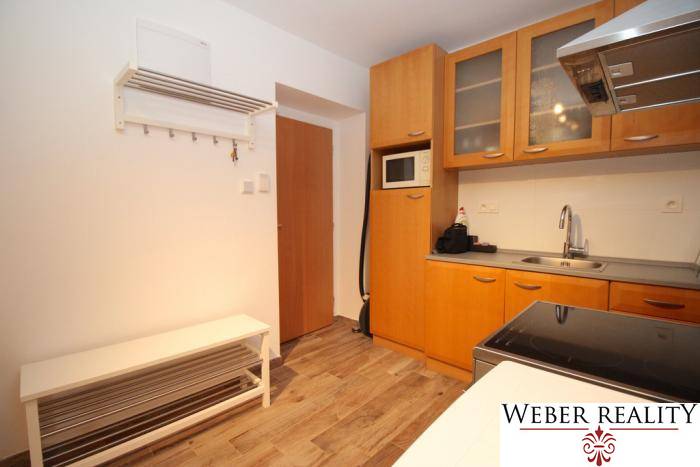 Küche in einer Einzimmerwohnung mit Küchenzeile, Geräten und Boden in Holzoptik.