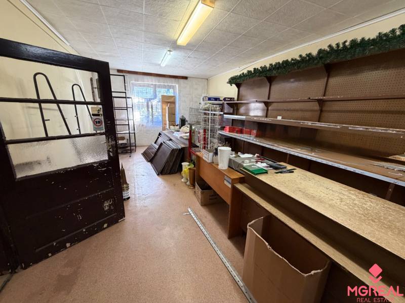 Innenraum eines Einfamilienhauses mit einem Lagerraum, Regalen und Holztüren.