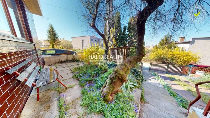 Vor dem Einfamilienhaus in Rimavská Sobota befindet sich ein Garten mit einer Bank und einem Baum.