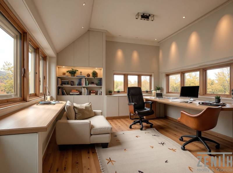 Ein Büro mit einem Holzboden, großen Fenstern, einem Regal und Sesseln.