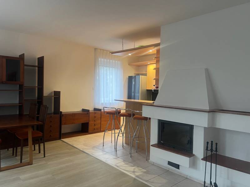 Küche und Wohnzimmer mit Kamin und Bartresen, Boden mit Holzdekor.