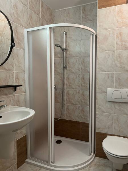 Badezimmer mit Toilette, Duschkabine und Waschbecken in einem Einfamilienhaus, gefliest.