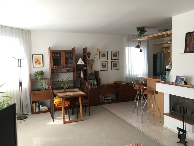 Wohnzimmer mit dunklen Holzmöbeln und Kamin in einem Einfamilienhaus.