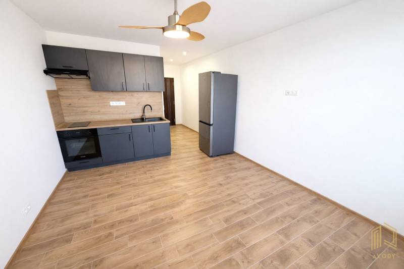 Einzimmerwohnung mit Küchenzeile und Boden in Holzoptik, Kühlschrank.