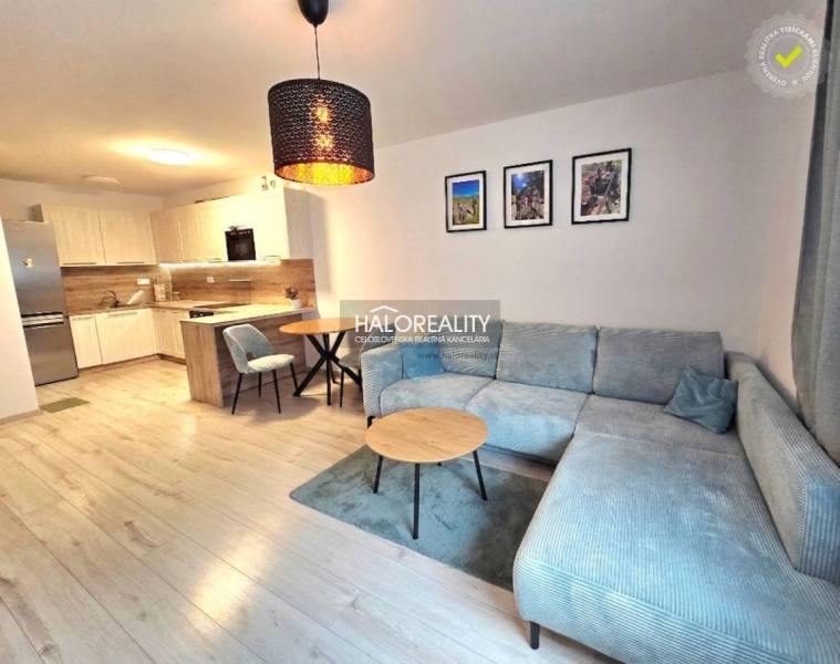 Wohnzimmer in einer 2-Zimmer-Wohnung mit Küchenzeile und Holzboden.