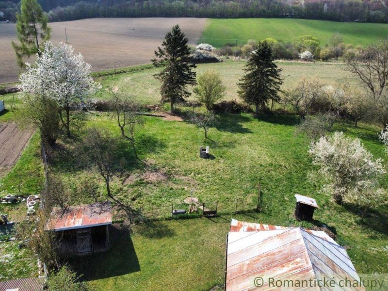 Der Garten beim Einfamilienhaus in Zubné, umgeben von Bäumen und weiten Feldern.