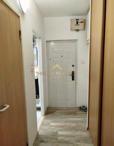 Der Flur in einer Einzimmerwohnung mit einem Holzboden und einer Eingangstür.