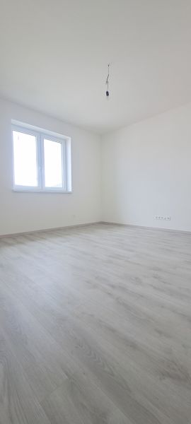 Ein leerer Raum mit weißen Wänden und einem Boden in Holzoptik in einem Einfamilienhaus.