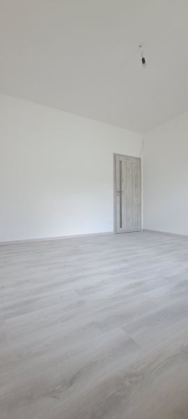 Ein leerer Raum mit Holzboden und geschlossener Tür in einem Einfamilienhaus.