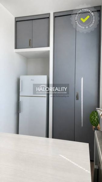 Küchenbereich mit Kühlschrank und grauem Einbauschrank in einer Zweizimmerwohnung.