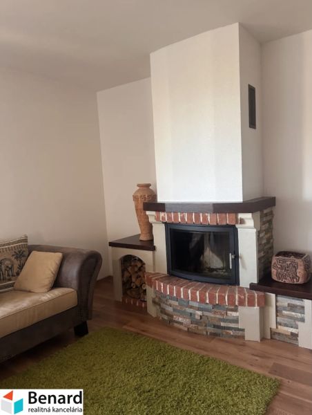 In der 3-Zimmer-Wohnung befindet sich ein Kamin mit Ziegel-Details und ein bequemes Sofa.