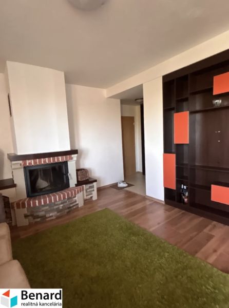 Wohnzimmer mit Kamin, Regalsystem und Bodenbelag in Holzoptik.