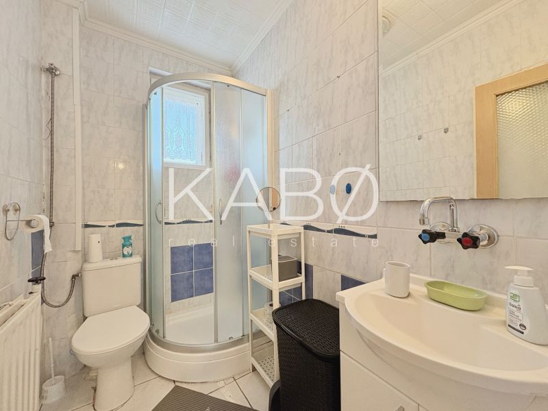 Badezimmer in einem Einfamilienhaus mit Toilette, Dusche und Waschbecken.