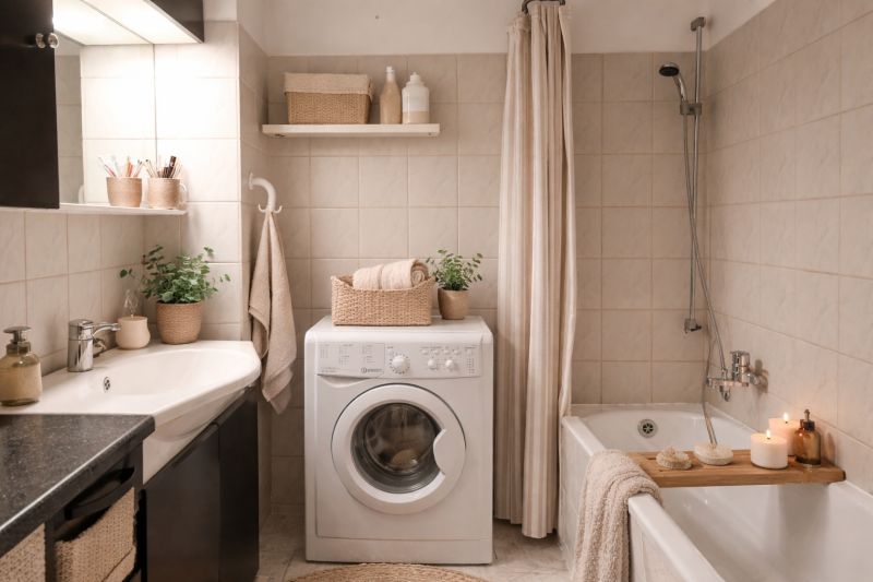 Badezimmer mit Dusche, Waschmaschine, Waschbecken und Dekorationen in einer 4-Zimmer-Wohnung.