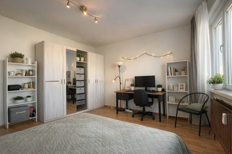 Schlafzimmer mit Schreibtisch, Schränke mit Holzdekor in einer 4-Zimmer-Wohnung.