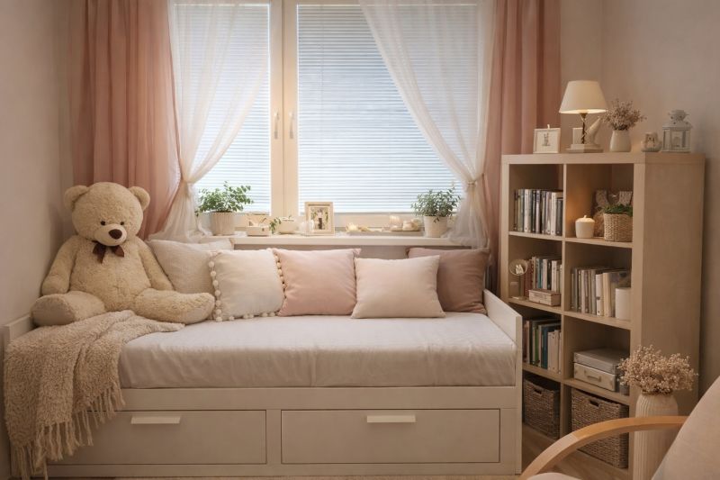 Ein Ort zum Ausruhen in einer 4-Zimmer-Wohnung mit einem Plüschbären und einem Bücherregal voller Bücher.