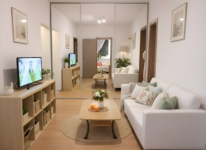 Wohnzimmer in einer 4-Zimmer-Wohnung mit einem bequemen Sofa und einem Spiegelschrank.