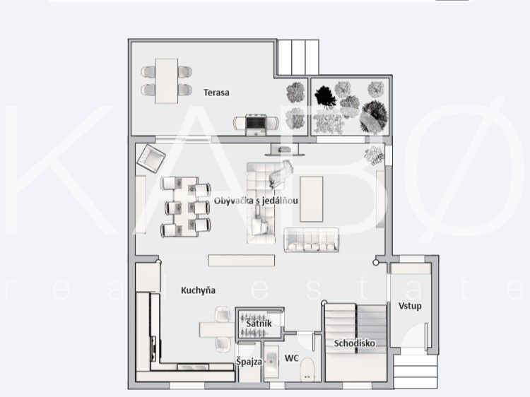 Grundriss eines Einfamilienhauses mit Terrasse, Küche, Wohnzimmer, Esszimmer, Ankleidezimmer und WC.