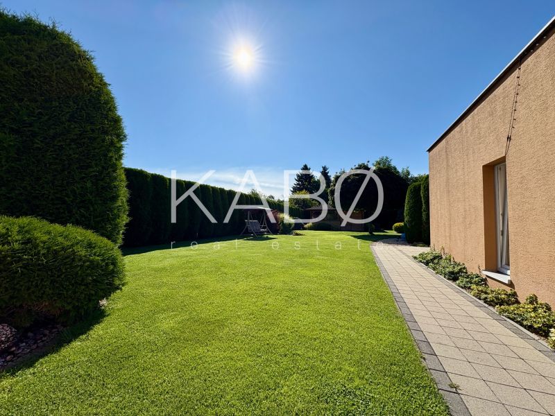 Der Garten eines Einfamilienhauses in Partizánske mit gepflegtem Rasen und befestigtem Gehweg.