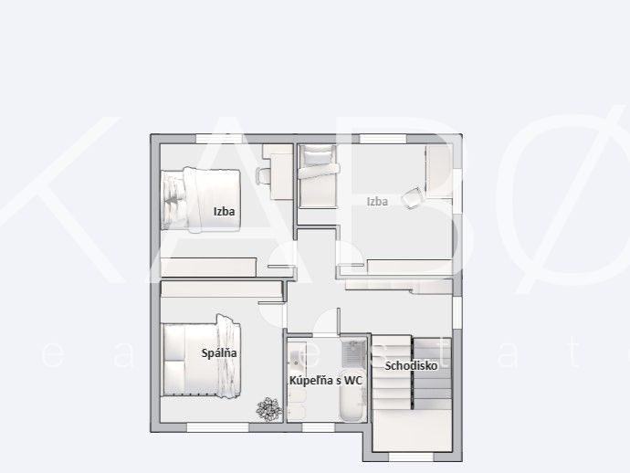 Grundriss des Stockwerks eines Einfamilienhauses: drei Zimmer, Badezimmer mit WC, Treppenhaus.