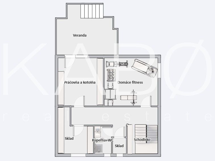 Der Grundriss des Einfamilienhauses umfasst eine Veranda, ein Heimfitnessstudio, eine Waschküche und einen Abstellraum.