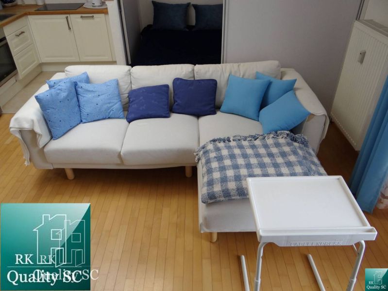Einzimmerwohnung mit einem weißen Sofa, blauen Kissen und einem Boden in Holzoptik.