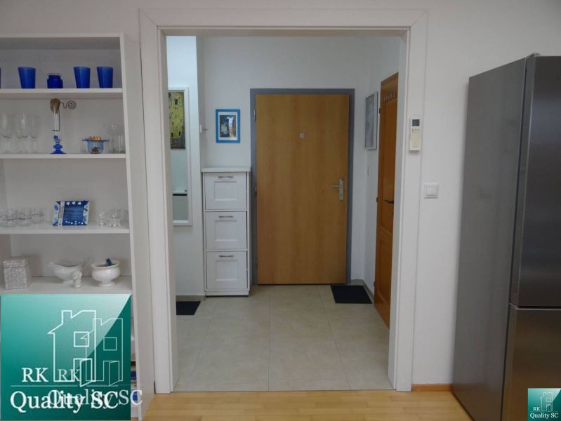 Eingangsflur in einer Einzimmerwohnung mit weißen Regalen und einem Boden in Holzoptik.