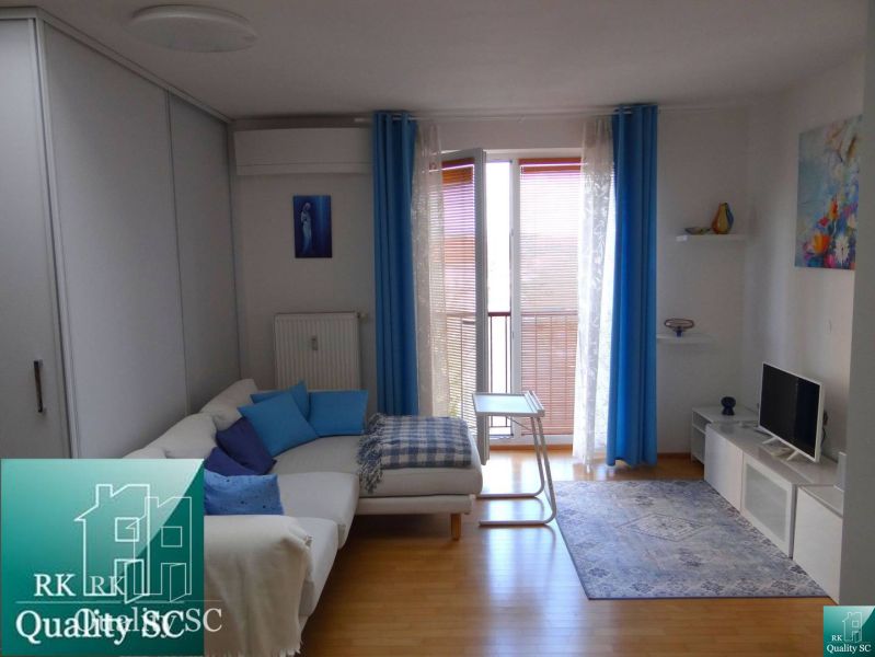 Wohnzimmer in einer Einzimmerwohnung mit Holzboden und kompakten Möbeln.