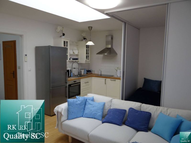 Küche mit Sofa in einer Einzimmerwohnung, Holzboden, weiße Schränke.