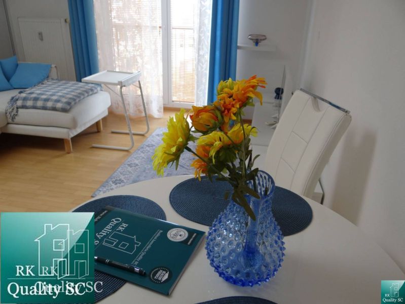 Ein Zimmer in einer Einzimmerwohnung mit einem Tisch, Blumen und einem Boden in Holzoptik.