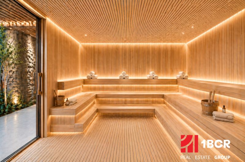 Innenraum einer luxuriösen Sauna mit Holzdekor und entspannender Atmosphäre im Rahmen des Wohnungsbaus.