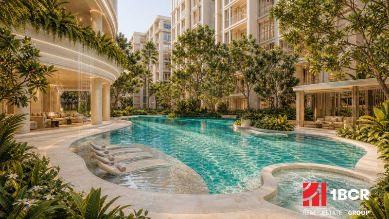 Luxuriöser Pool mit Liegestühlen, umgeben von Grünflächen, beim Bau von Wohnungen in Pattaya.