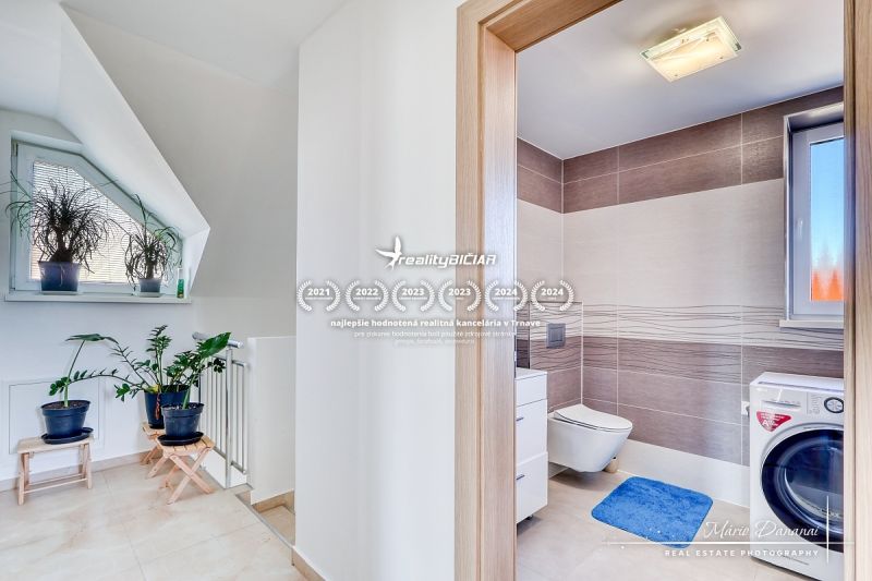 Badezimmer in einem Einfamilienhaus mit Pflanzen, Fliesen und Waschmaschine, helle und elegante Umgebung.
