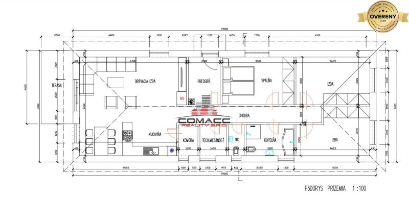 Grundriss des Erdgeschosses eines Einfamilienhauses mit Terrasse umfasst Wohnzimmer und Küche.