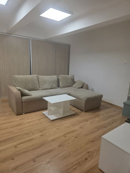 Einzimmerwohnung mit Ecksofa, Tisch und Boden in Holzoptik.