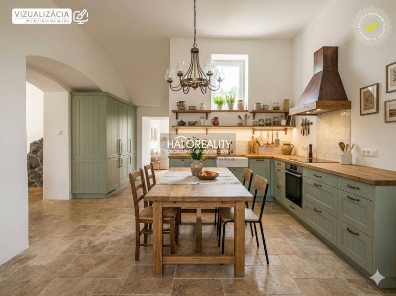 Küche in einer 3-Zimmer-Wohnung mit Esstisch und Vintage-Küchendekor.