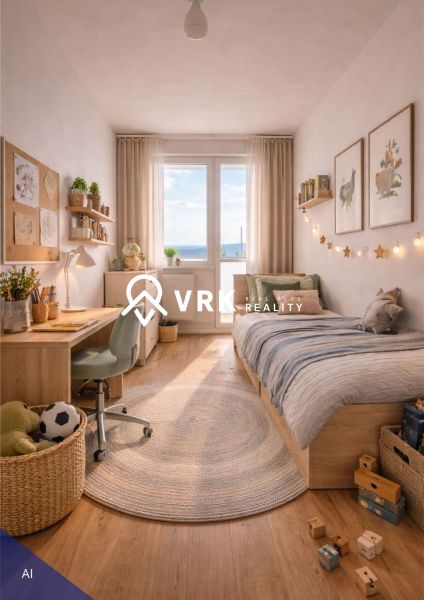 Kinderzimmer mit Tisch, Bett und Dekorationen in einer 4-Zimmer-Wohnung.