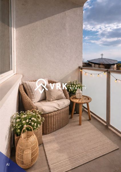 Balkon einer 4-Zimmer-Wohnung mit Rattanmöbeln und Dekorationen in einem angenehmen Stil.