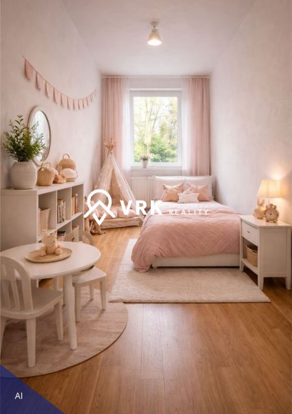 Kinderzimmer mit rosa Accessoires, Tisch und Zelt, Boden mit Holzdekor.