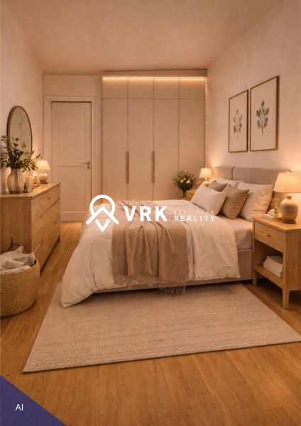 Schlafzimmer in einer 4-Zimmer-Wohnung mit Holzelementen und sanfter Beleuchtung.