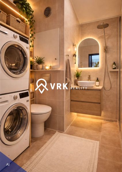 Badezimmer mit Waschmaschine, Waschbecken, Dusche und dekorativen Pflanzen in einer 4-Zimmer-Wohnung.