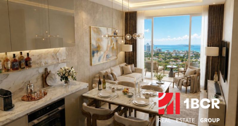 2-Zimmer-Wohnung mit Meerblick, elegantes Wohnzimmer und Essbereich.