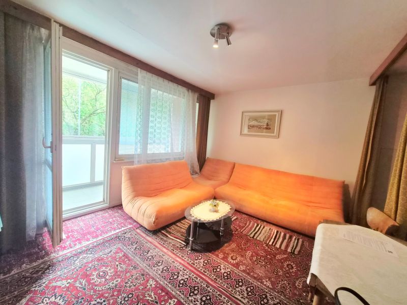 Wohnzimmer in einer Zweizimmerwohnung mit Teppich und orangefarbenem Sofa.